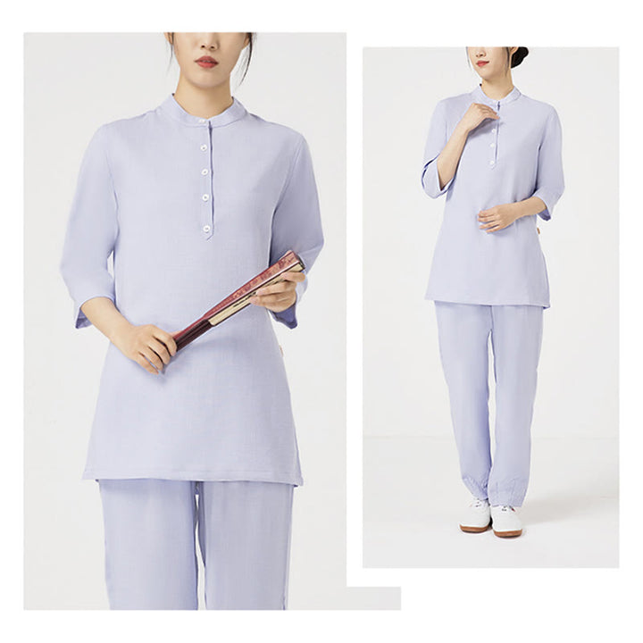Buddha Stones 2 pezzi bottoni tre quarti manica camicia top pantaloni meditazione zen tai chi cotone lino abbigliamento donna set