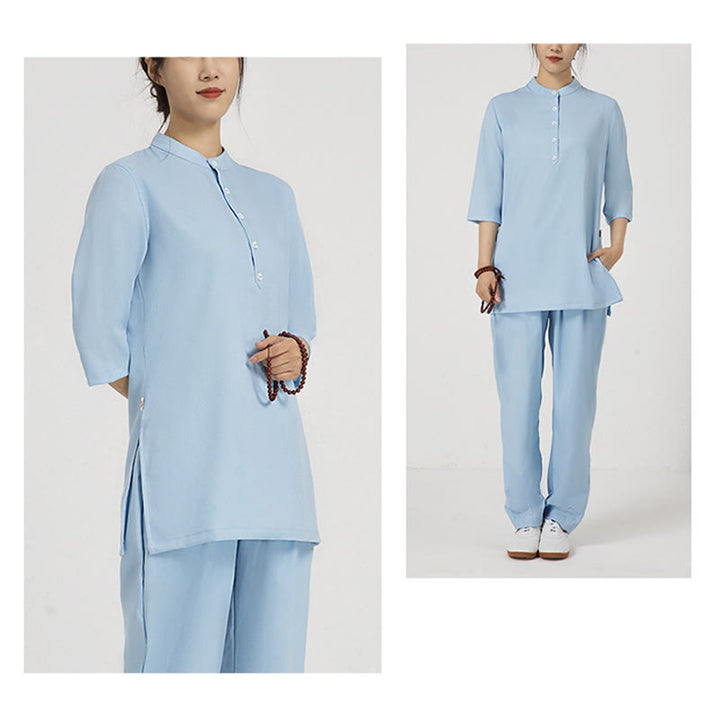 Buddha Stones 2 pezzi bottoni tre quarti manica camicia top pantaloni meditazione zen tai chi cotone lino abbigliamento donna set