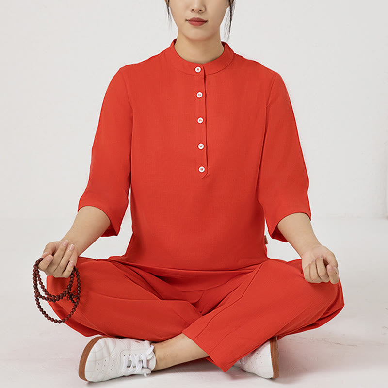 Buddha Stones 2 pezzi bottoni tre quarti manica camicia top pantaloni meditazione zen tai chi cotone lino abbigliamento donna set