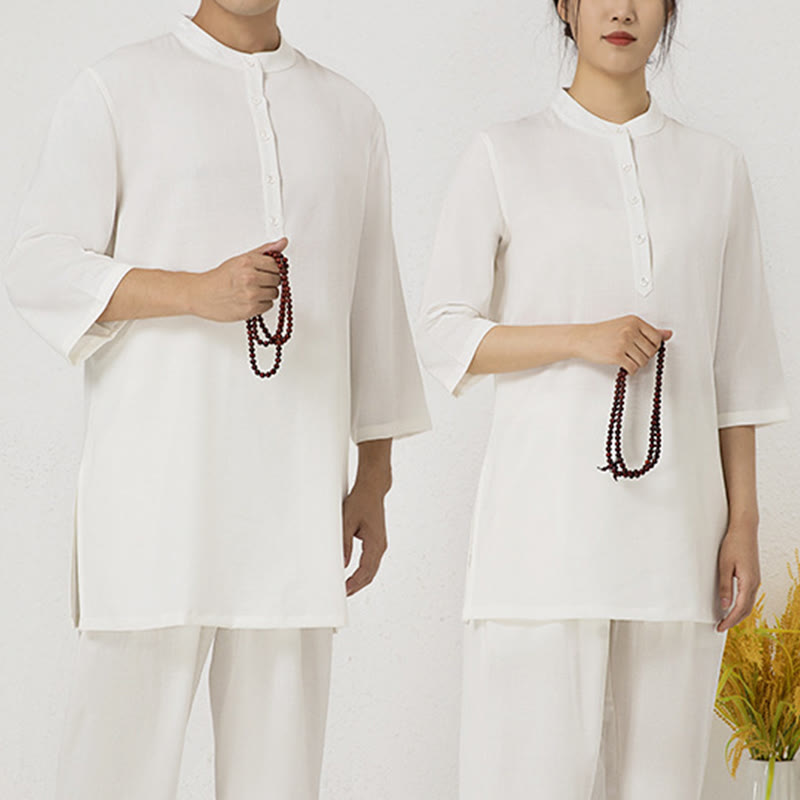 Buddha Stones 2 pezzi bottoni tre quarti manica camicia top pantaloni meditazione zen tai chi cotone lino abbigliamento donna set