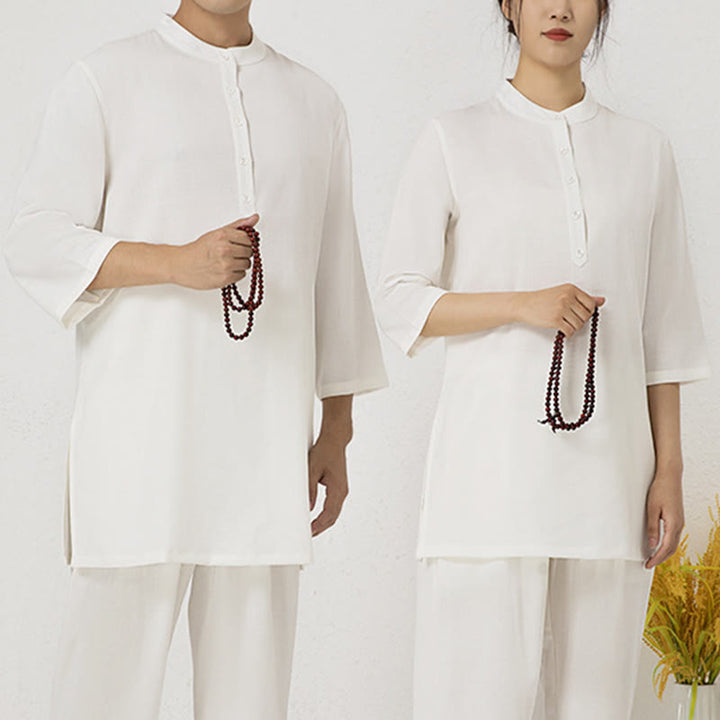 Buddha Stones 2 pezzi bottoni tre quarti manica camicia top pantaloni meditazione zen tai chi cotone lino abbigliamento donna set
