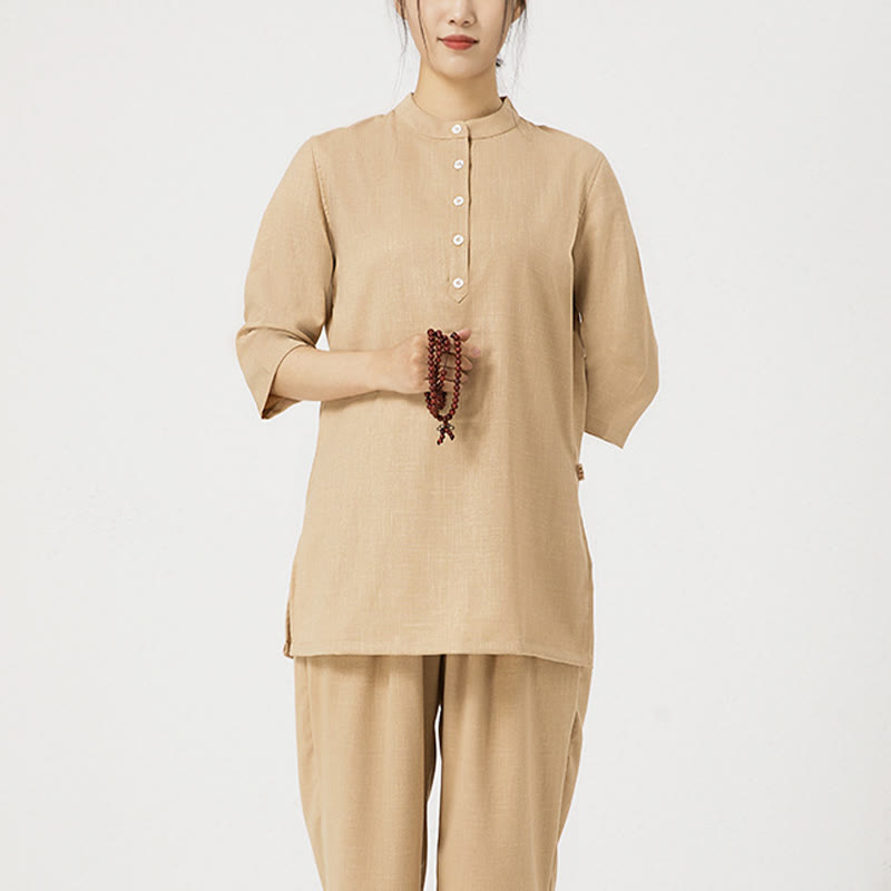 Buddha Stones 2 pezzi bottoni tre quarti manica camicia top pantaloni meditazione zen tai chi cotone lino abbigliamento donna set