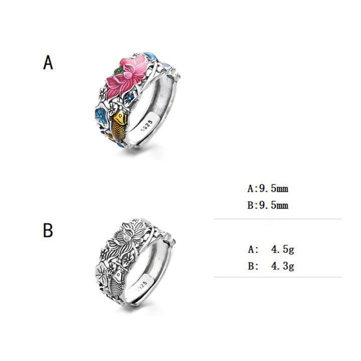 Anello della prosperità con fiore di loto e pesce koi in argento sterling 925 Buddha Stones