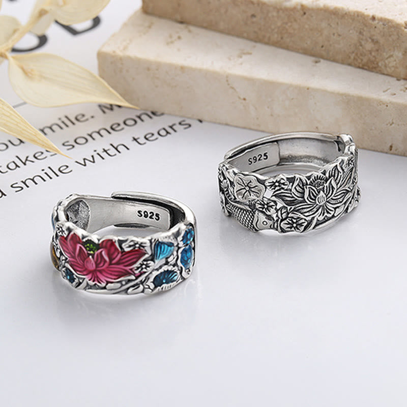 Anello della prosperità con fiore di loto e pesce koi in argento sterling 925 Buddha Stones