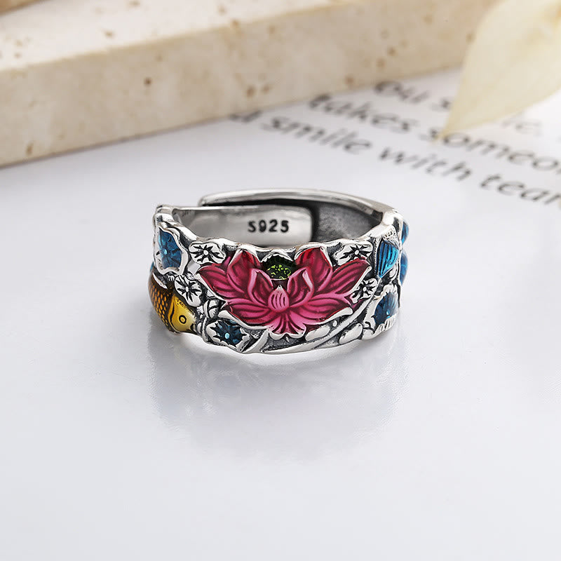 Anello della prosperità con fiore di loto e pesce koi in argento sterling 925 Buddha Stones