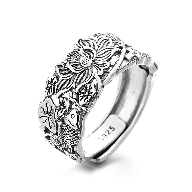 Anello della prosperità con fiore di loto e pesce koi in argento sterling 925 Buddha Stones