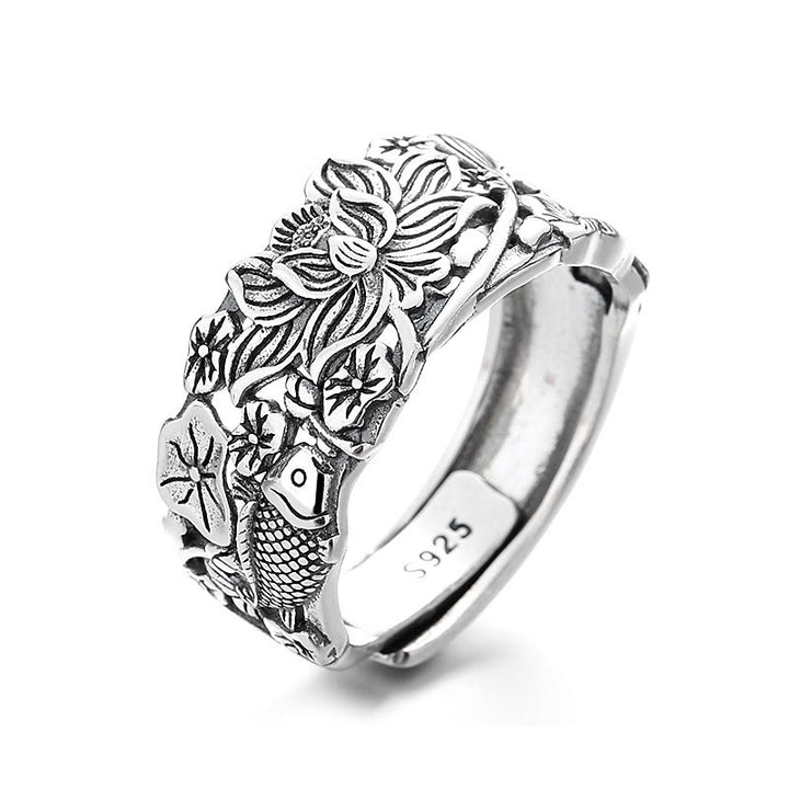 Anello della prosperità con fiore di loto e pesce koi in argento sterling 925 Buddha Stones