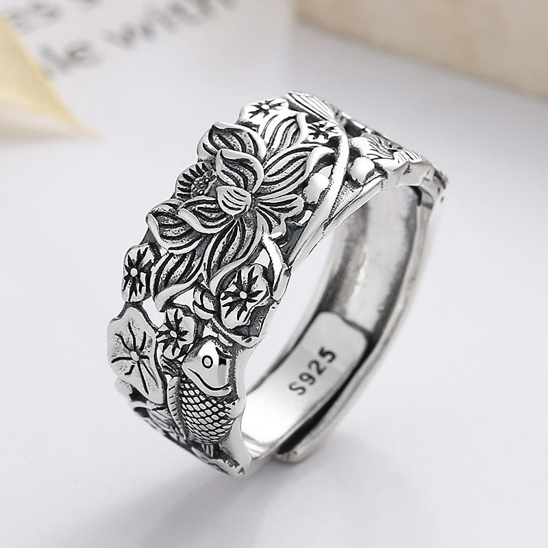Anello della prosperità con fiore di loto e pesce koi in argento sterling 925 Buddha Stones - image 6