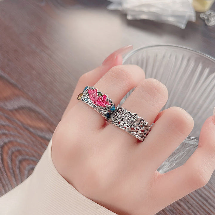 Anello della prosperità con fiore di loto e pesce koi in argento sterling 925 Buddha Stones
