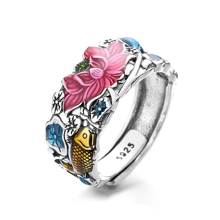 Anello della prosperità con fiore di loto e pesce koi in argento sterling 925 Buddha Stones