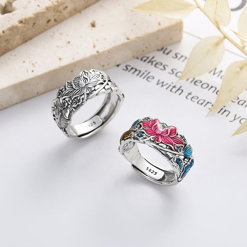 Anello della prosperità con fiore di loto e pesce koi in argento sterling 925 Buddha Stones - image 0