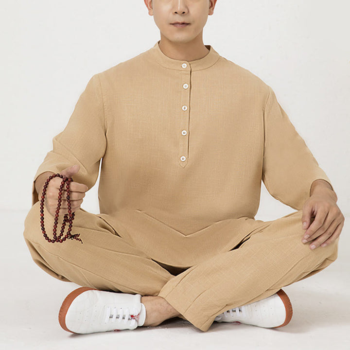 Buddha Stones 2 pezzi bottoni uomo tre quarti manica camicia top pantaloni meditazione zen tai chi cotone lino abbigliamento set