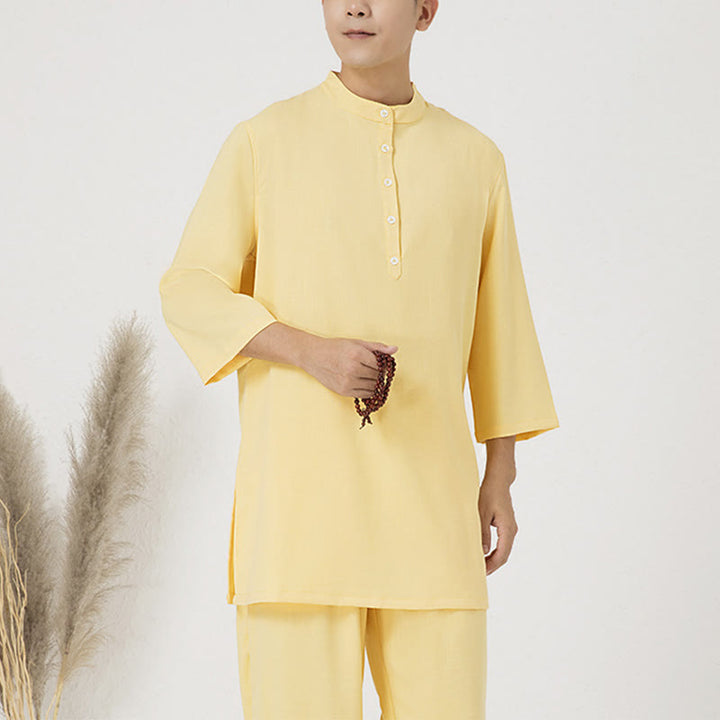 Buddha Stones 2 pezzi bottoni uomo tre quarti manica camicia top pantaloni meditazione zen tai chi cotone lino abbigliamento set