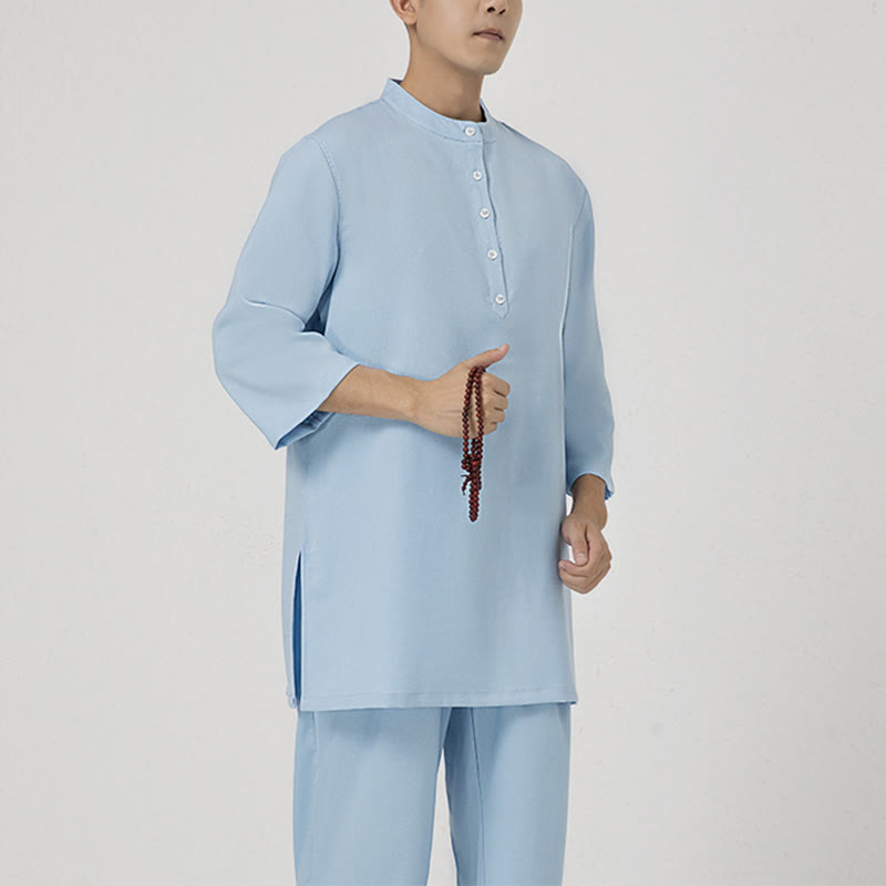 Buddha Stones 2 pezzi bottoni uomo tre quarti manica camicia top pantaloni meditazione zen tai chi cotone lino abbigliamento set
