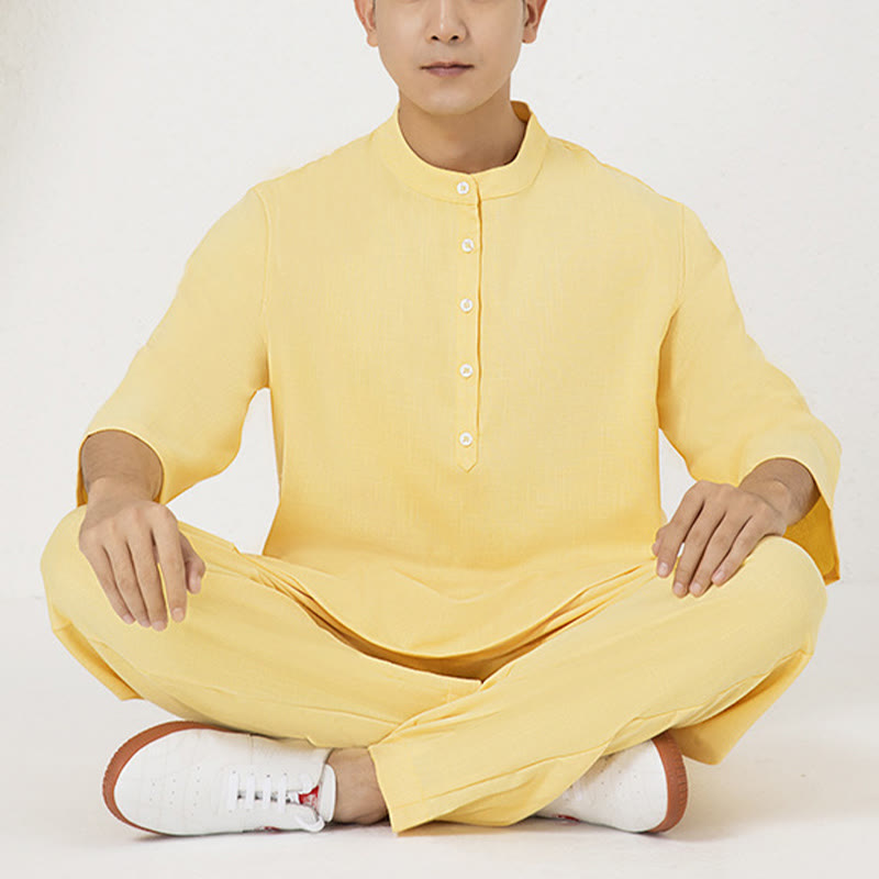 Buddha Stones 2 pezzi bottoni uomo tre quarti manica camicia top pantaloni meditazione zen tai chi cotone lino abbigliamento set