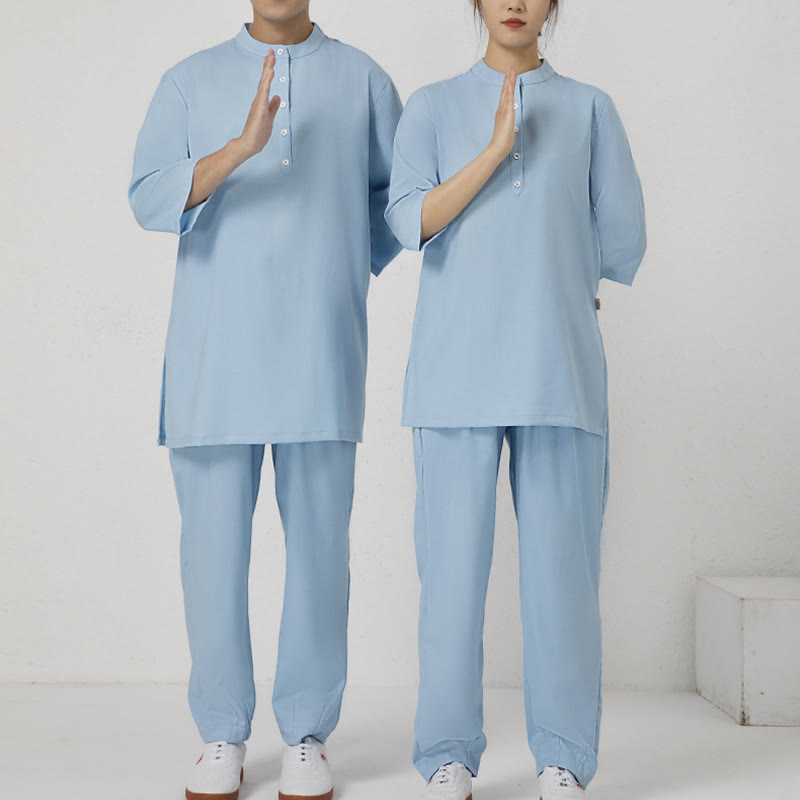 Buddha Stones 2 pezzi bottoni uomo tre quarti manica camicia top pantaloni meditazione zen tai chi cotone lino abbigliamento set