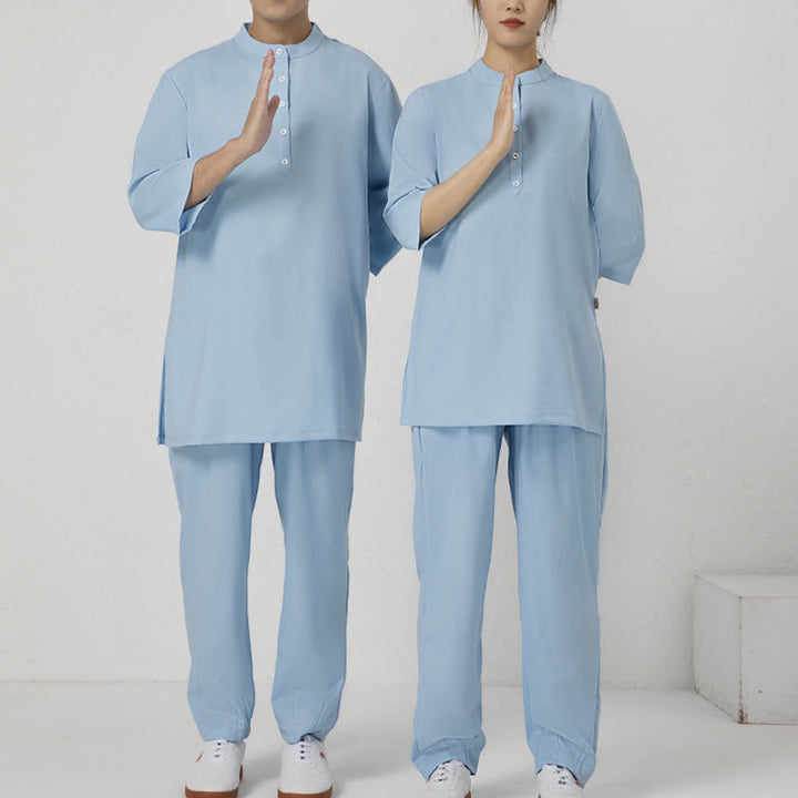 Buddha Stones 2 pezzi bottoni uomo tre quarti manica camicia top pantaloni meditazione zen tai chi cotone lino abbigliamento set