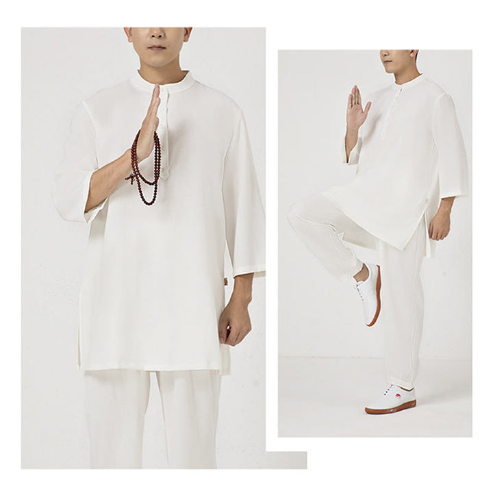 Buddha Stones 2 pezzi bottoni uomo tre quarti manica camicia top pantaloni meditazione zen tai chi cotone lino abbigliamento set