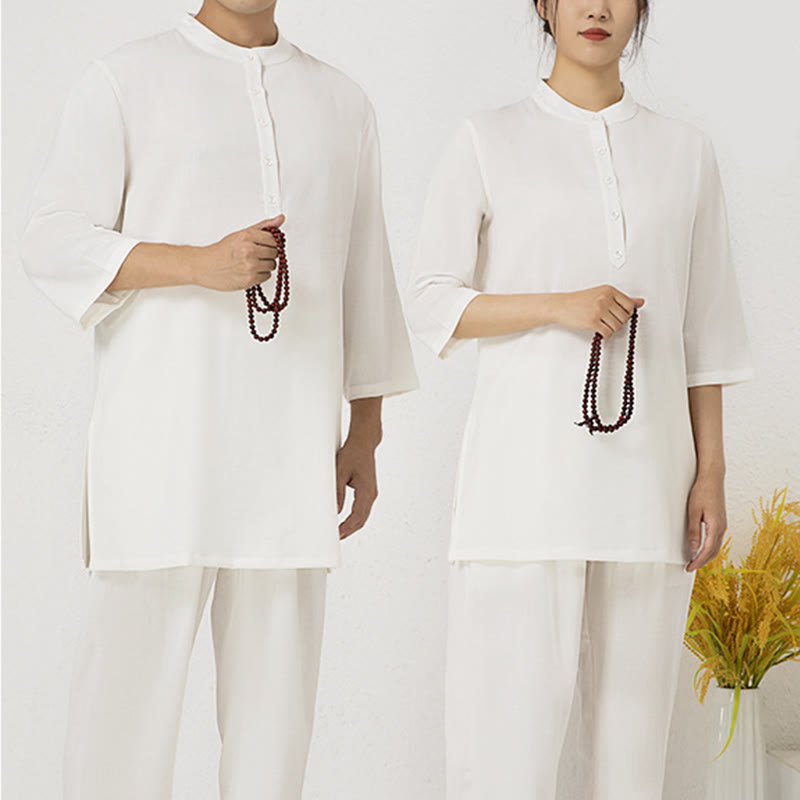 Buddha Stones 2 pezzi bottoni uomo tre quarti manica camicia top pantaloni meditazione zen tai chi cotone lino abbigliamento set