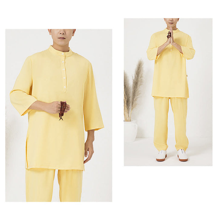 Buddha Stones 2 pezzi bottoni uomo tre quarti manica camicia top pantaloni meditazione zen tai chi cotone lino abbigliamento set
