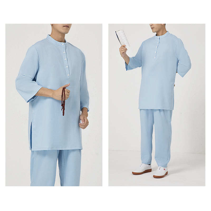 Buddha Stones 2 pezzi bottoni uomo tre quarti manica camicia top pantaloni meditazione zen tai chi cotone lino abbigliamento set