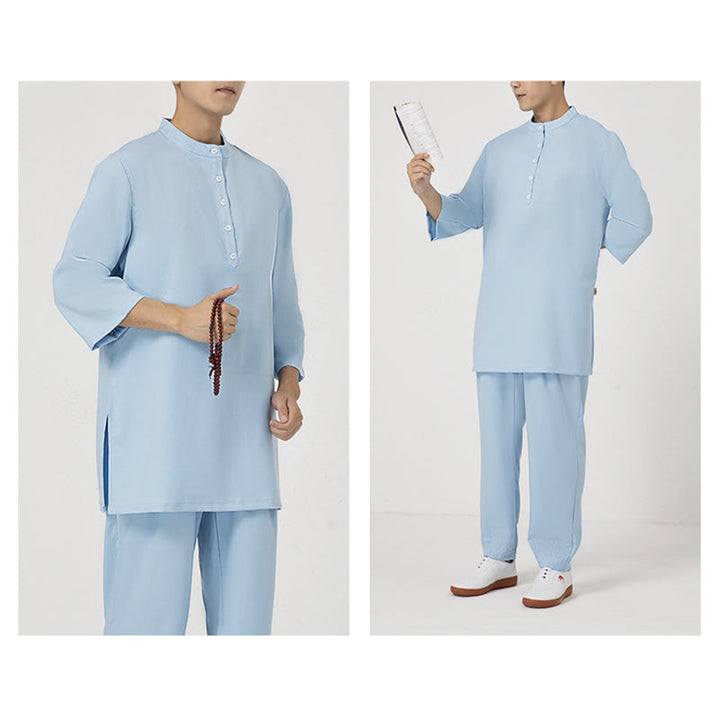 Buddha Stones 2 pezzi bottoni uomo tre quarti manica camicia top pantaloni meditazione zen tai chi cotone lino abbigliamento set