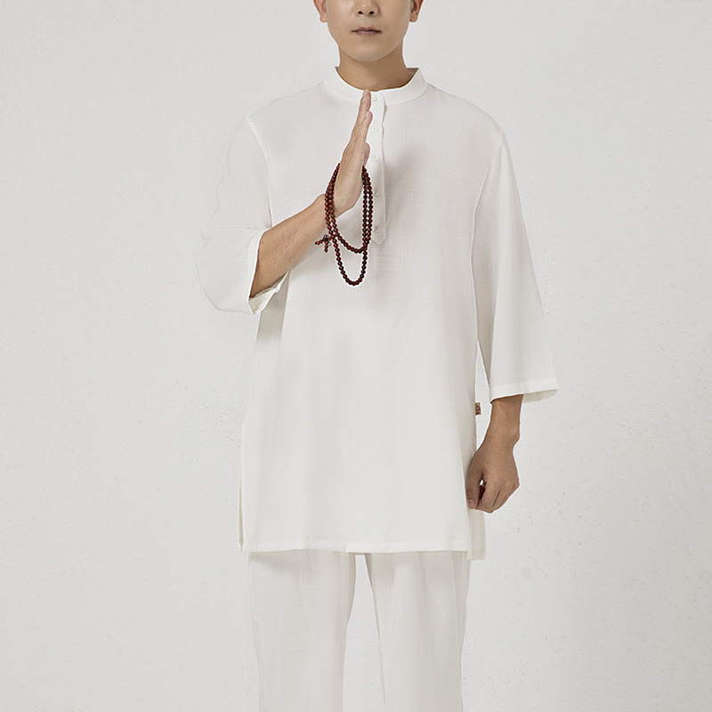 Buddha Stones 2 pezzi bottoni uomo tre quarti manica camicia top pantaloni meditazione zen tai chi cotone lino abbigliamento set