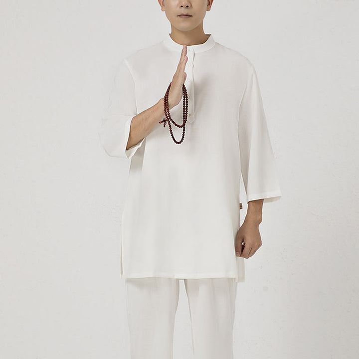 Buddha Stones 2 pezzi bottoni uomo tre quarti manica camicia top pantaloni meditazione zen tai chi cotone lino abbigliamento set