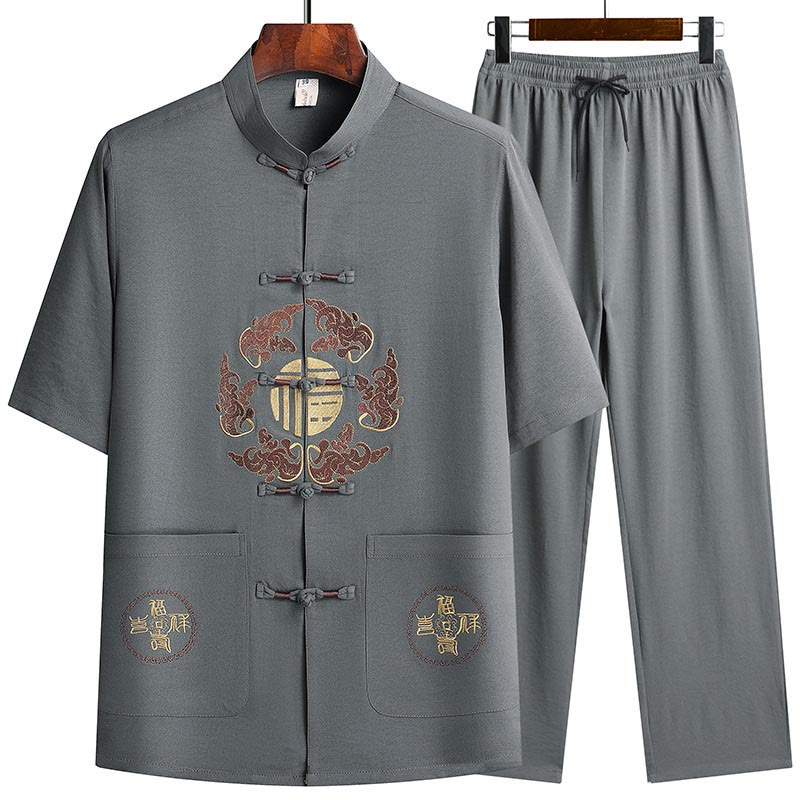 Buddha Stones Fu Character Tang Suit Hanfu Tradizionale Uniforme Manica Corta Top Pantaloni Abbigliamento Uomo Set - Grigio (maglia e pantaloni) - US/UK/AU42, EU52 (3XL)  - image 0