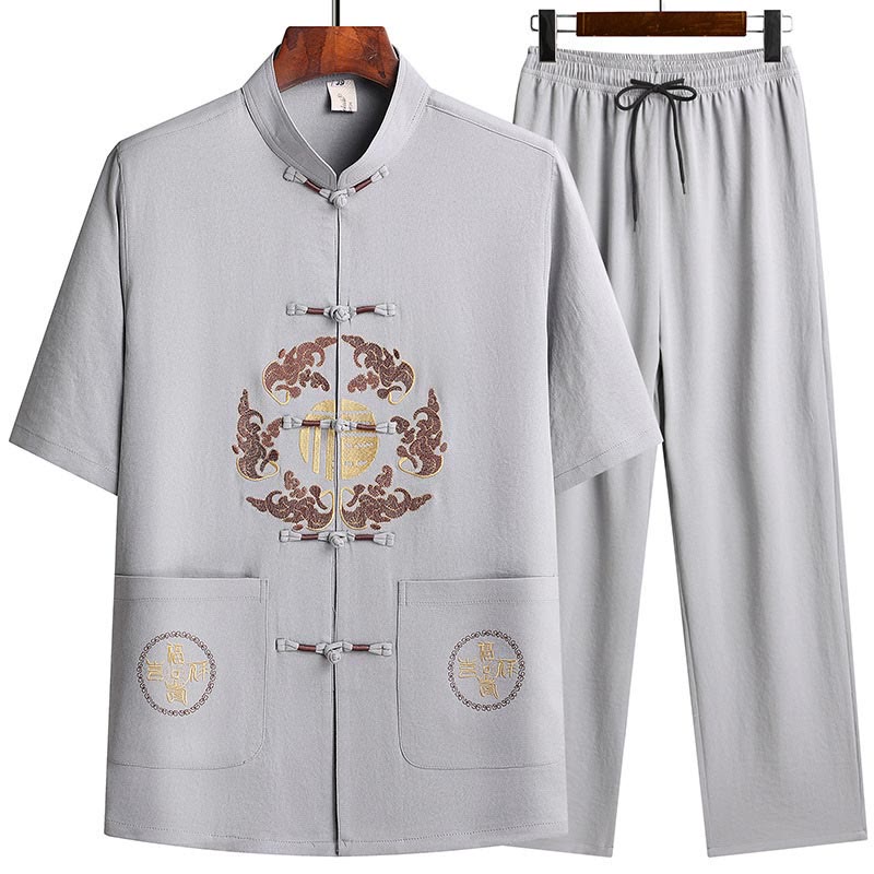 Buddha Stones Fu Character Tang Suit Hanfu Tradizionale Uniforme Manica Corta Top Pantaloni Abbigliamento Uomo Set - image 4