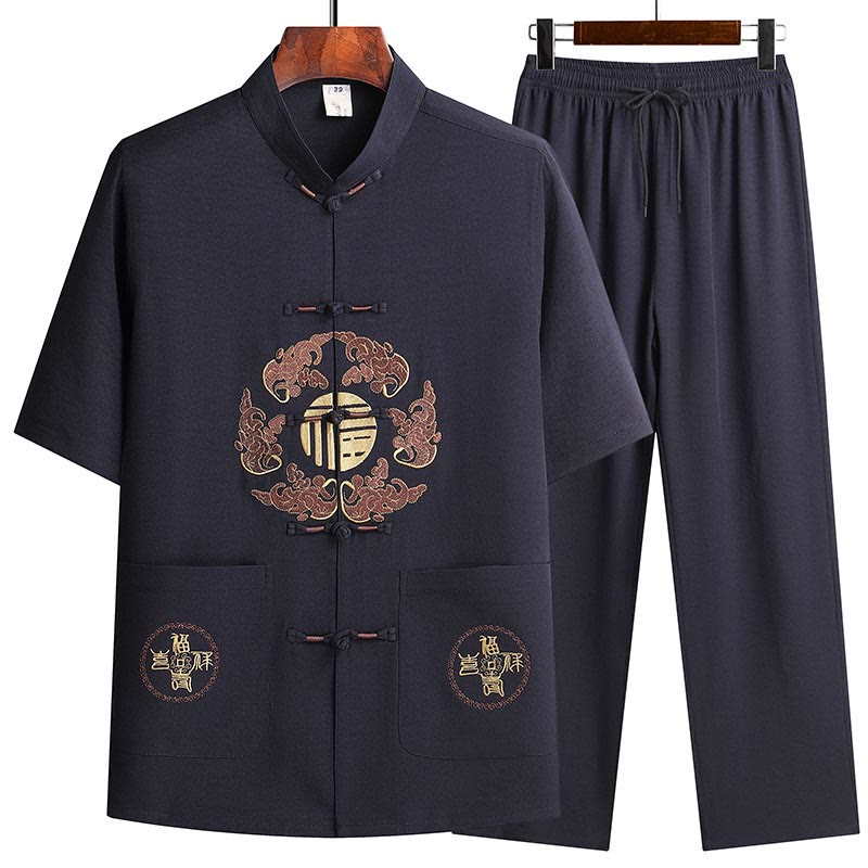 Buddha Stones Fu Character Tang Suit Hanfu Tradizionale Uniforme Manica Corta Top Pantaloni Abbigliamento Uomo Set - Blu navy (maglia e pantaloni) - US/UK/AU42, EU52 (3XL)  - image 18