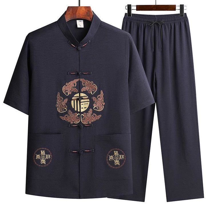 Buddha Stones Fu Character Tang Suit Hanfu Tradizionale Uniforme Manica Corta Top Pantaloni Abbigliamento Uomo Set - Blu navy (maglia e pantaloni) - US/UK/AU42, EU52 (3XL)  - image 18