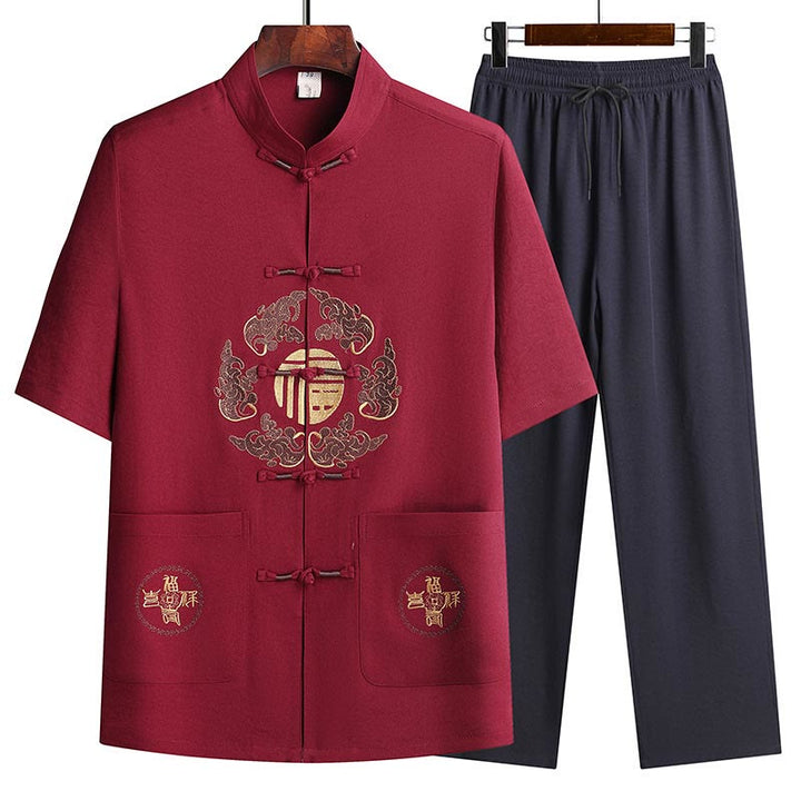 Buddha Stones Fu Character Tang Suit Hanfu Tradizionale Uniforme Manica Corta Top Pantaloni Abbigliamento Uomo Set - Rosso (maglietta e pantaloni) - US/UK/AU42, EU52 (3XL)  - image 21
