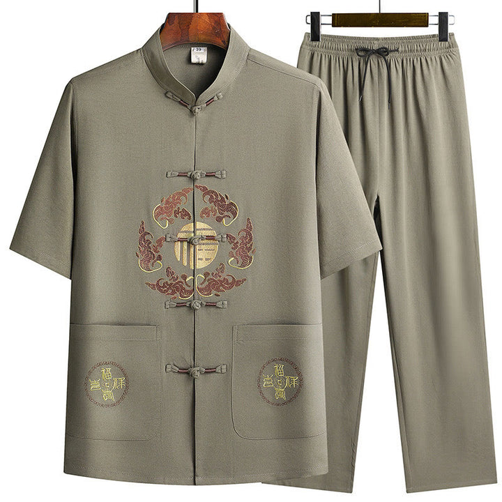 Buddha Stones Fu Character Tang Suit Hanfu Tradizionale Uniforme Manica Corta Top Pantaloni Abbigliamento Uomo Set - Verde militare (giacca e pantaloni) - US/UK/AU42, EU52 (3XL)  - image 24