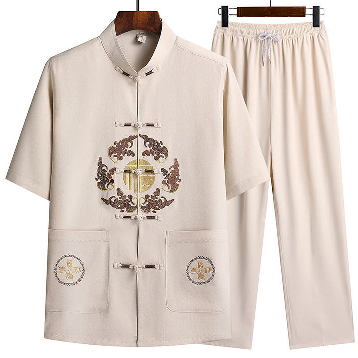 Buddha Stones Fu Character Tang Suit Hanfu Tradizionale Uniforme Manica Corta Top Pantaloni Abbigliamento Uomo Set - Bianco (maglietta e pantaloni) - US/UK/AU42, EU52 (3XL)  - image 27