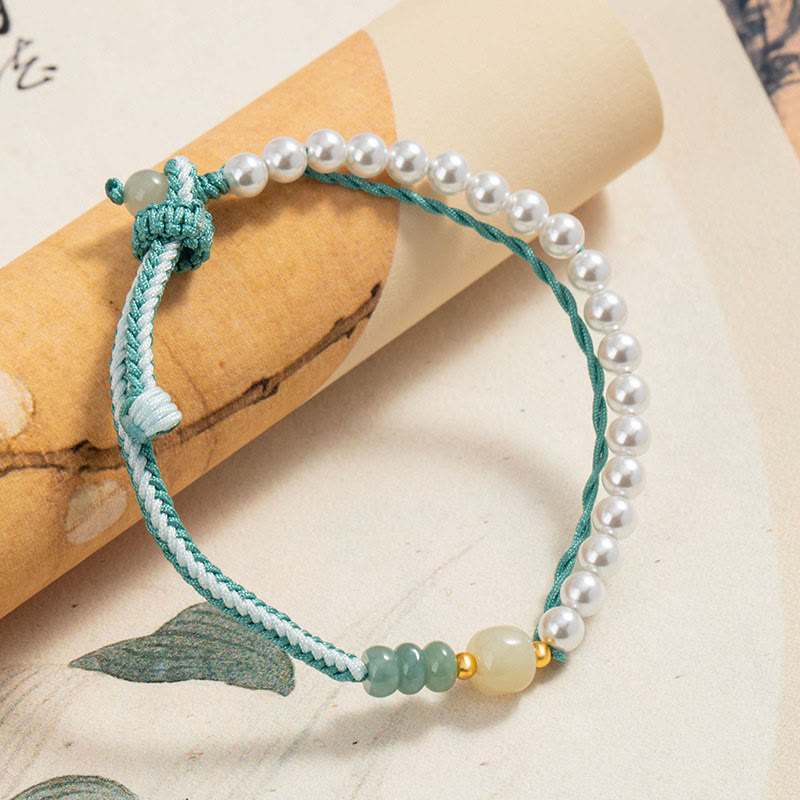 Bracciale Buddha Stones in argento sterling 925 con giada Hetian e corda intrecciata con perle e abbondanza