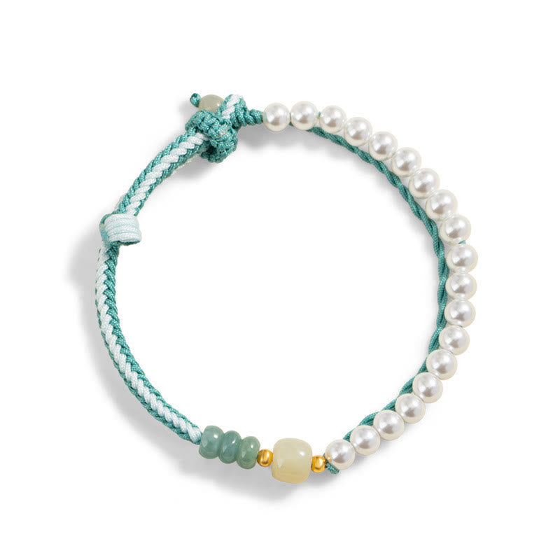 Bracciale Buddha Stones in argento sterling 925 con giada Hetian e corda intrecciata con perle e abbondanza