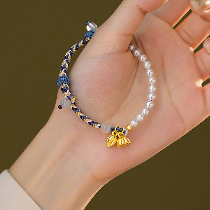 Bracciale Buddha Stones 925 Sterling Silver Lotus Pearl Corda colorata Calcedonio Prosperità