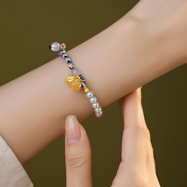 Bracciale Buddha Stones 925 Sterling Silver Lotus Pearl Corda colorata Calcedonio Prosperità