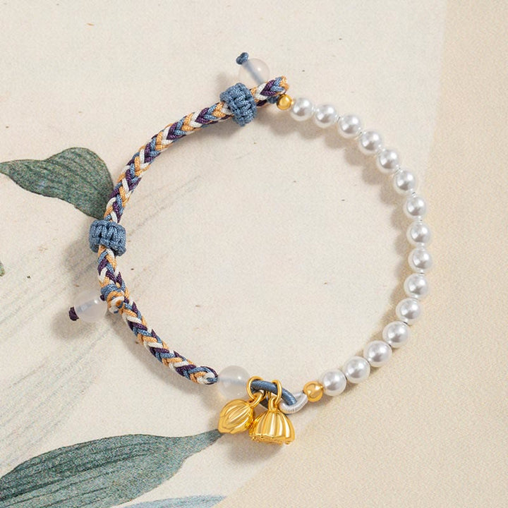 Bracciale Buddha Stones 925 Sterling Silver Lotus Pearl Corda colorata Calcedonio Prosperità