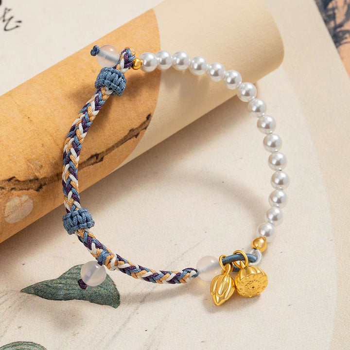 Bracciale Buddha Stones 925 Sterling Silver Lotus Pearl Corda colorata Calcedonio Prosperità