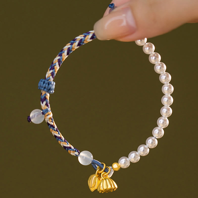 Bracciale Buddha Stones 925 Sterling Silver Lotus Pearl Corda colorata Calcedonio Prosperità