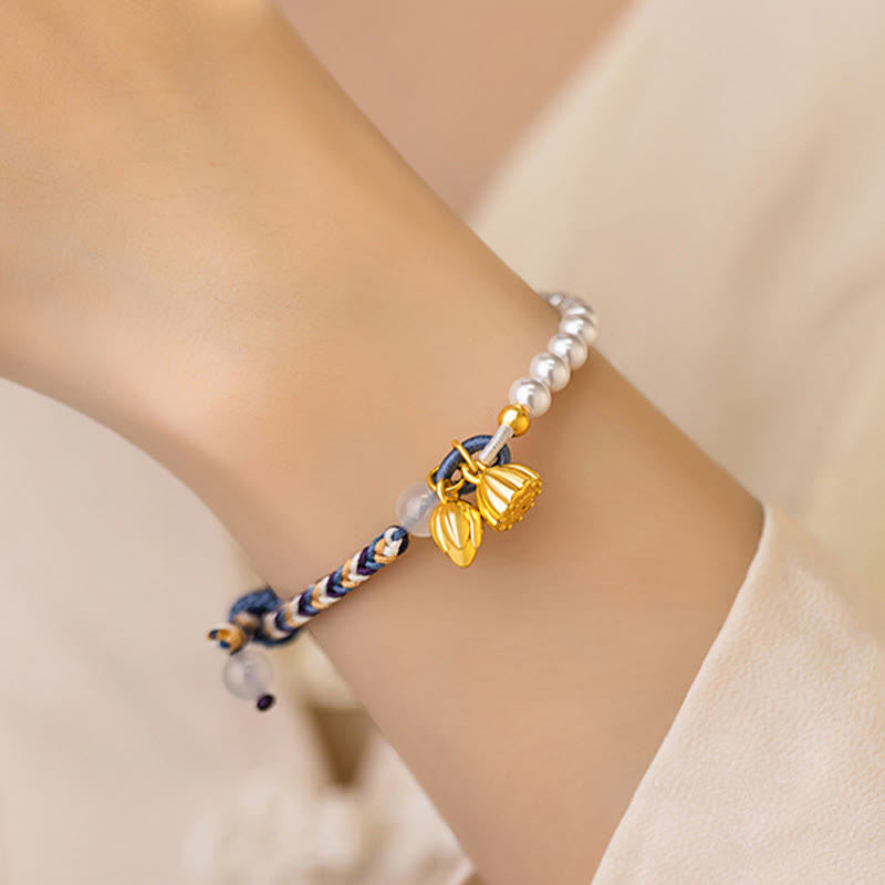 Bracciale Buddha Stones 925 Sterling Silver Lotus Pearl Corda colorata Calcedonio Prosperità