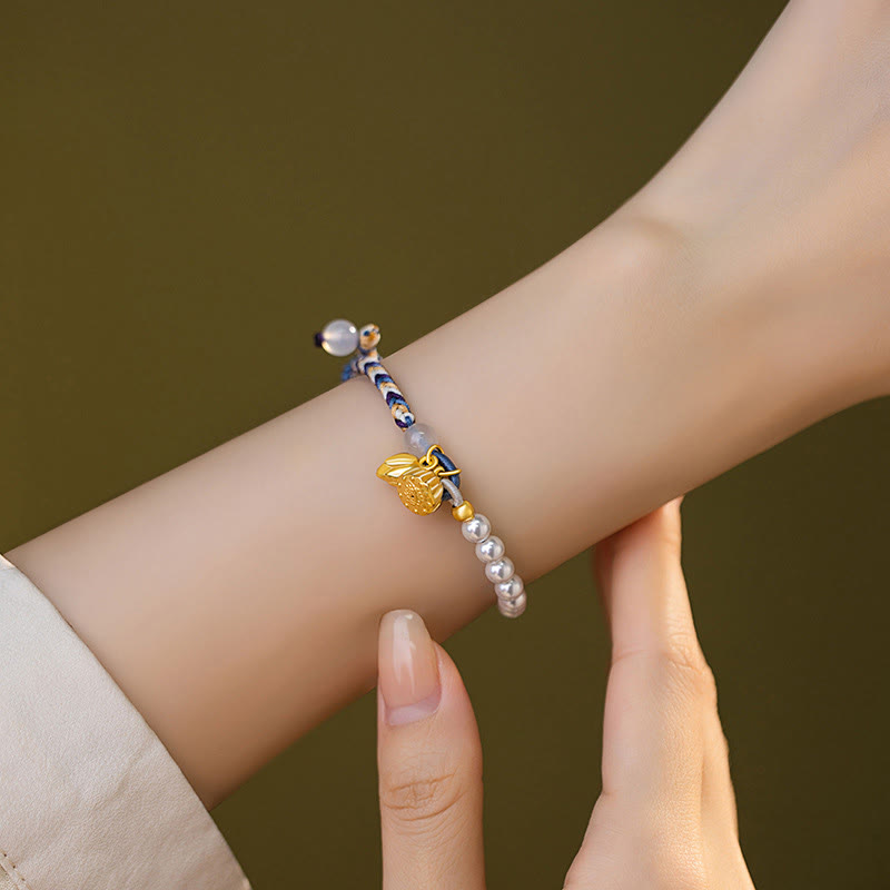 Bracciale Buddha Stones 925 Sterling Silver Lotus Pearl Corda colorata Calcedonio Prosperità