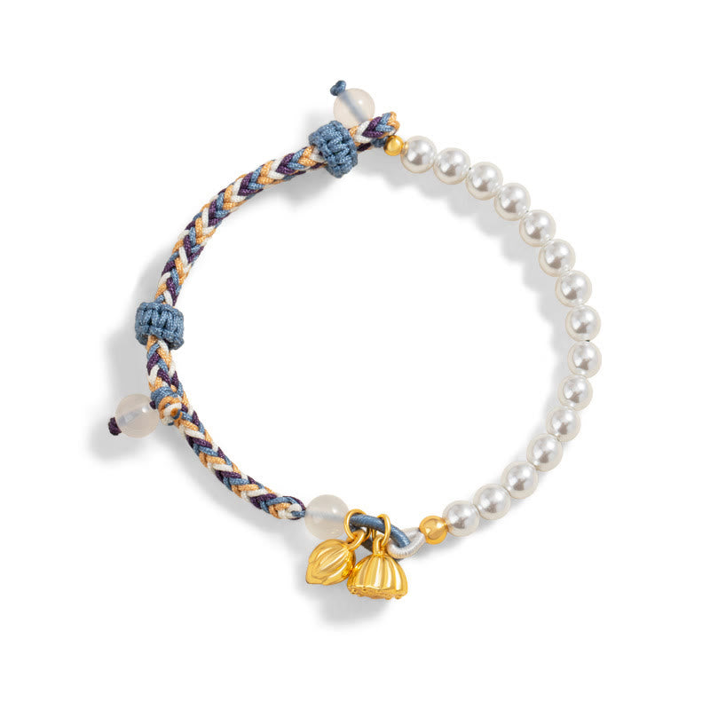 Bracciale Buddha Stones 925 Sterling Silver Lotus Pearl Corda colorata Calcedonio Prosperità