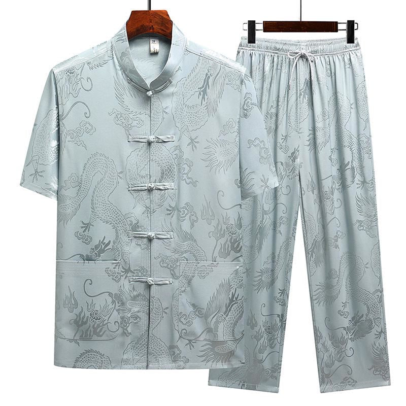 Buddha Stones Modello di drago Abito Tang Hanfu Uniforme tradizionale Maniche corte Pantaloni Abbigliamento Set da uomo - Grigio Blu (Maglia e pantaloni) - US/UK/AU44, EU54 (4XL) - image 0