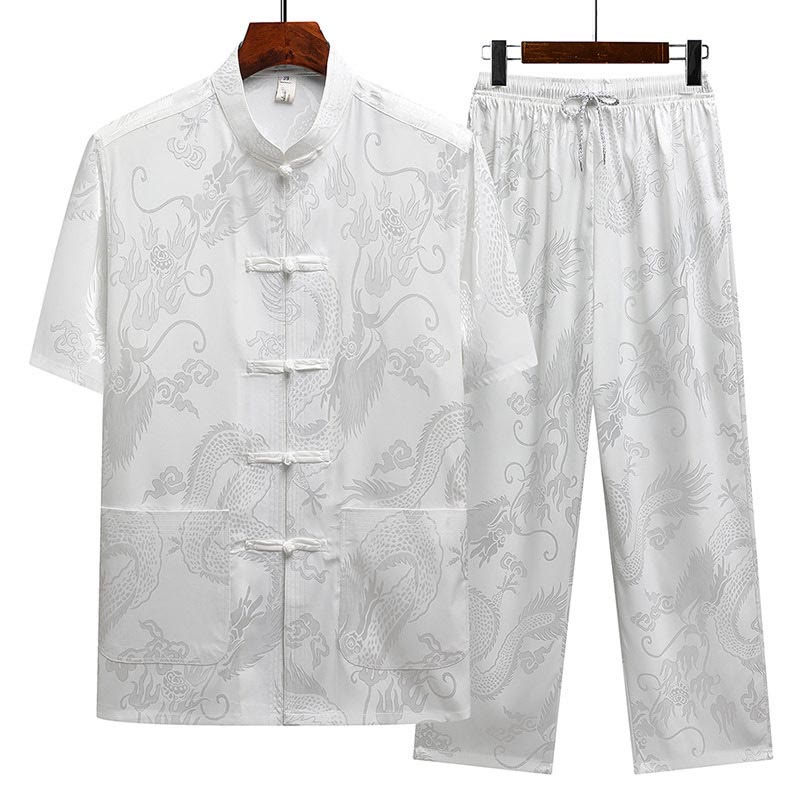 Buddha Stones Modello di drago Abito Tang Hanfu Uniforme tradizionale Maniche corte Pantaloni Abbigliamento Set da uomo - Bianco (top e pantaloni) - US/UK/AU44, EU54 (4XL) - image 16