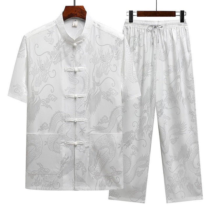 Buddha Stones Modello di drago Abito Tang Hanfu Uniforme tradizionale Maniche corte Pantaloni Abbigliamento Set da uomo - Bianco (top e pantaloni) - US/UK/AU44, EU54 (4XL) - image 16