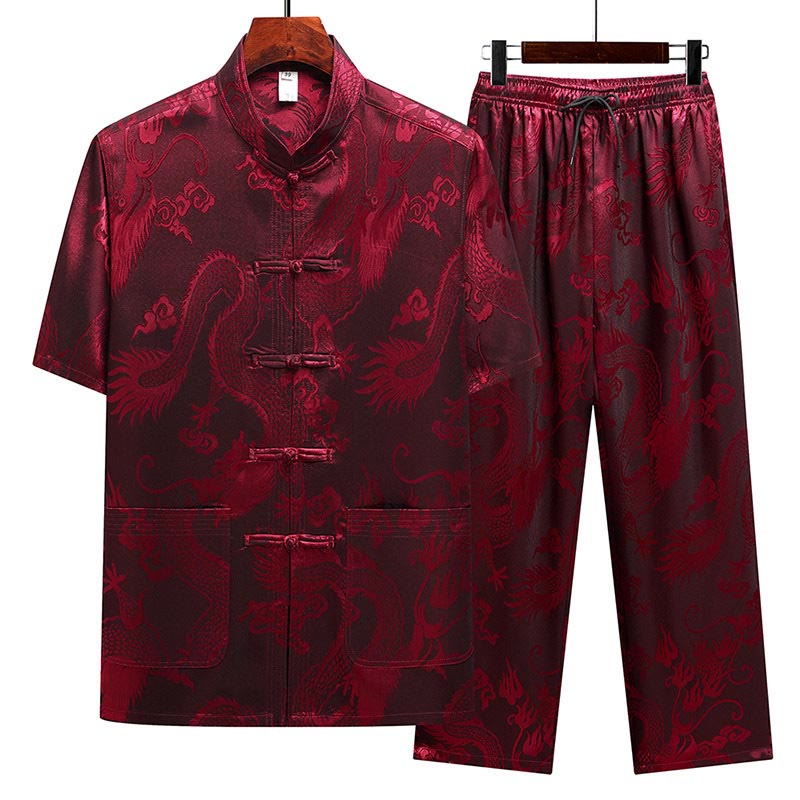 Buddha Stones Modello di drago Abito Tang Hanfu Uniforme tradizionale Maniche corte Pantaloni Abbigliamento Set da uomo - Rosso (top e pantaloni) - US/UK/AU44, EU54 (4XL) - image 19