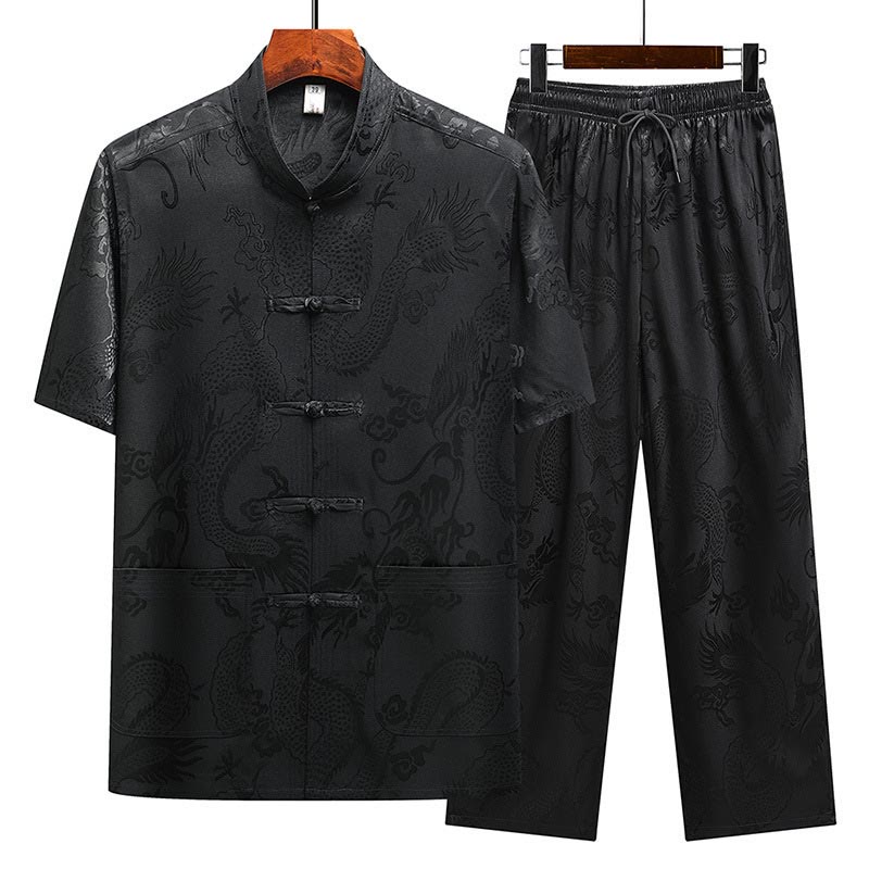 Buddha Stones Modello di drago Abito Tang Hanfu Uniforme tradizionale Maniche corte Pantaloni Abbigliamento Set da uomo - Nero (Top e pantaloni) - US/UK/AU44, EU54 (4XL) - image 25